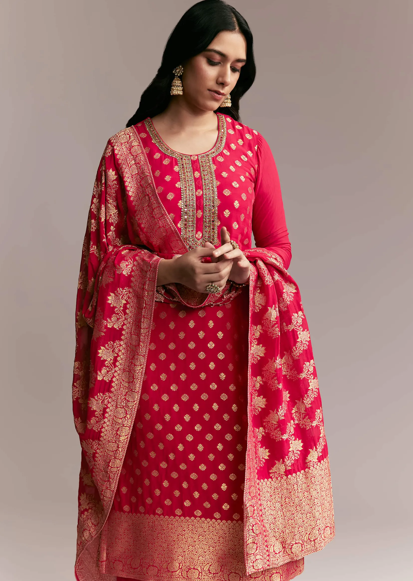 Pink Banarasi Kurta Set with Mirror Work