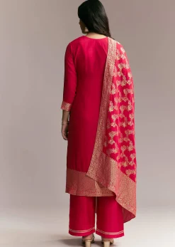 Pink Banarasi Kurta Set with Mirror Work