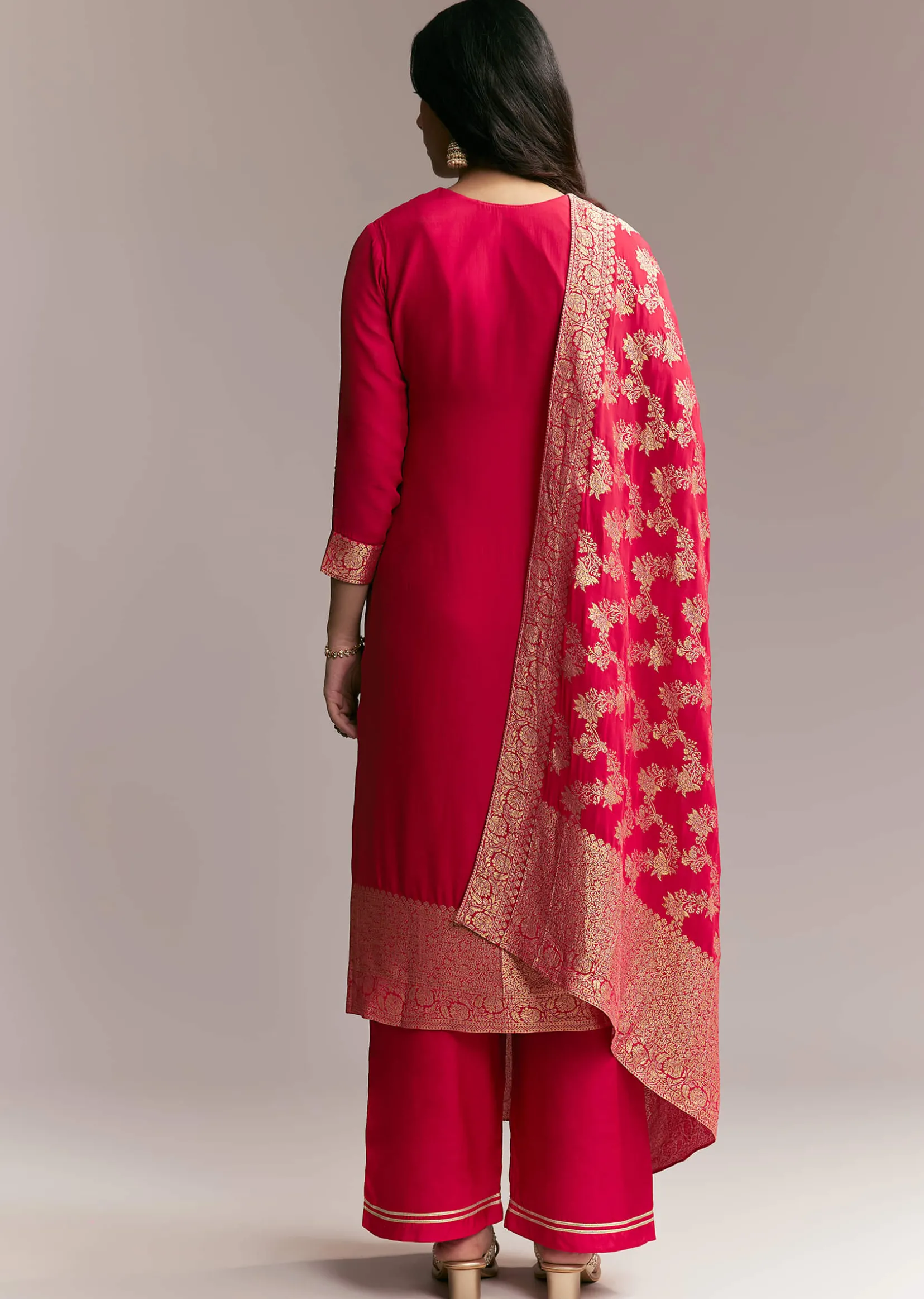 Pink Banarasi Kurta Set with Mirror Work