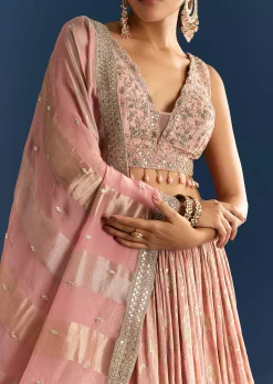 Pink Banarasi Tissue Lehenga Dupatta With Zardosi Choli