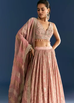 Pink Banarasi Tissue Lehenga Dupatta With Zardosi Choli