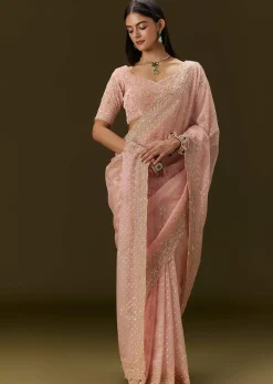 Pink Banarasi Tissue Saree With Velvet Embroidered Blouse