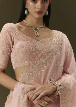 Pink Banarasi Tissue Saree With Velvet Embroidered Blouse