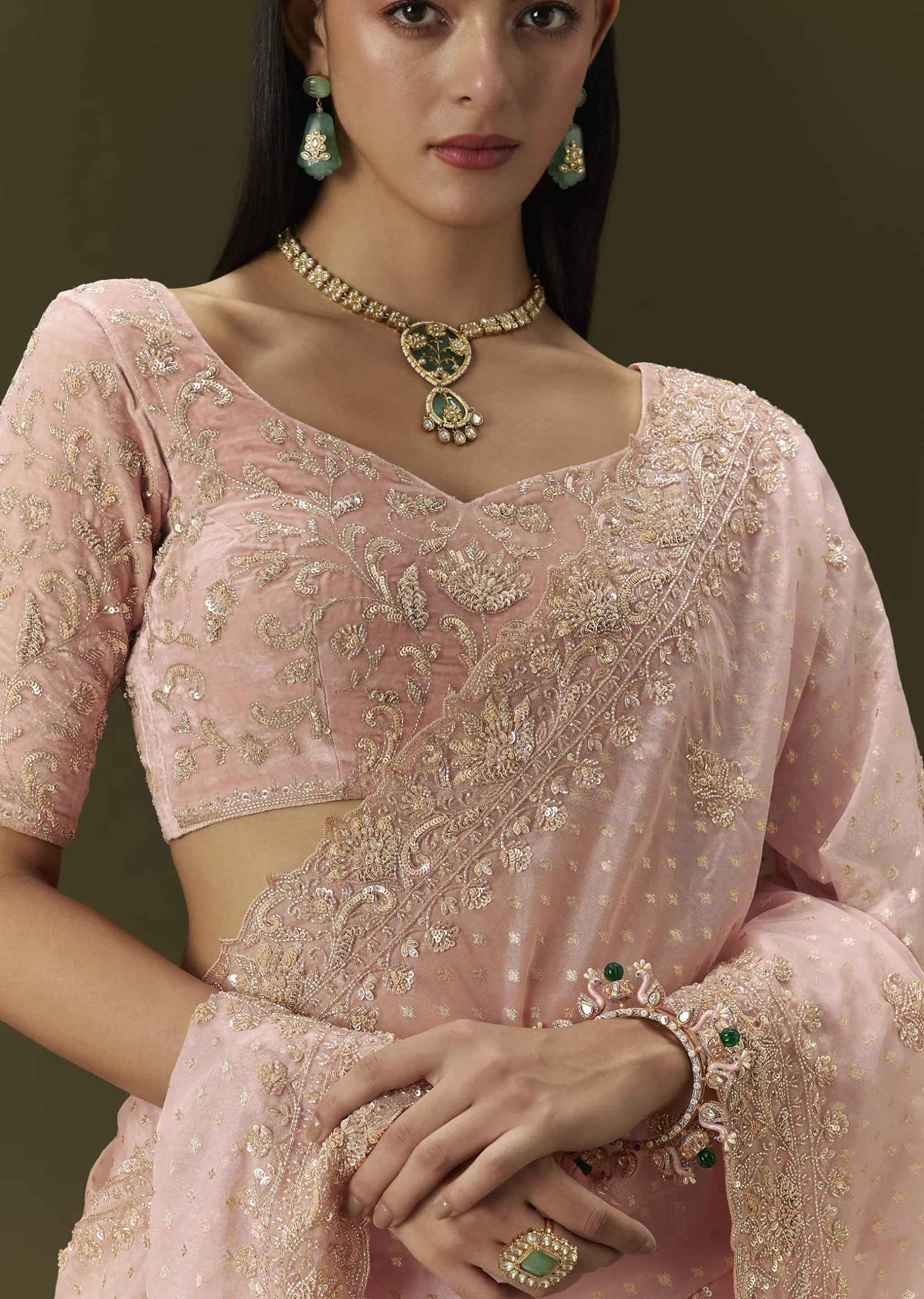 Pink Banarasi Tissue Saree With Velvet Embroidered Blouse