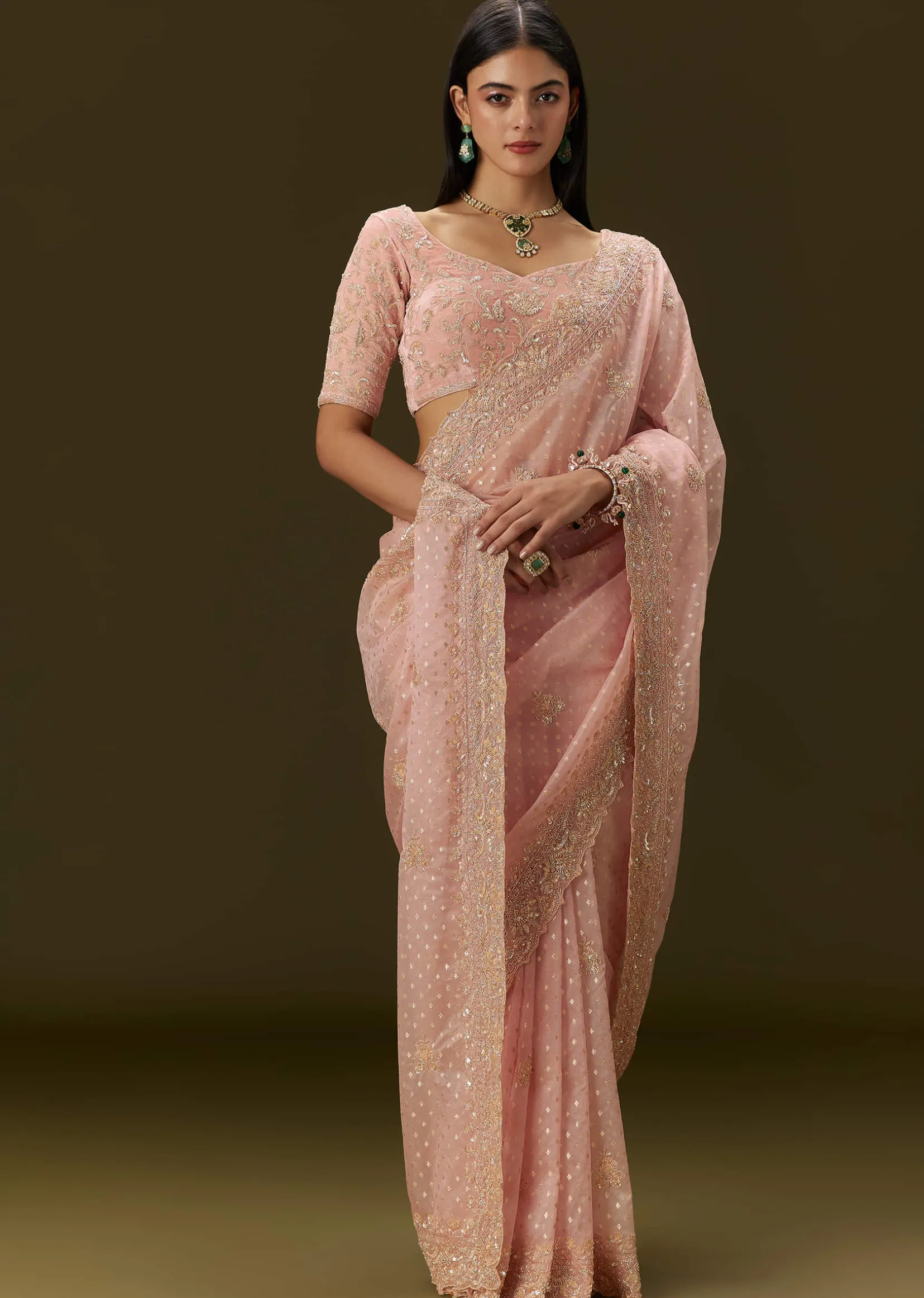 Pink Banarasi Tissue Saree With Velvet Embroidered Blouse