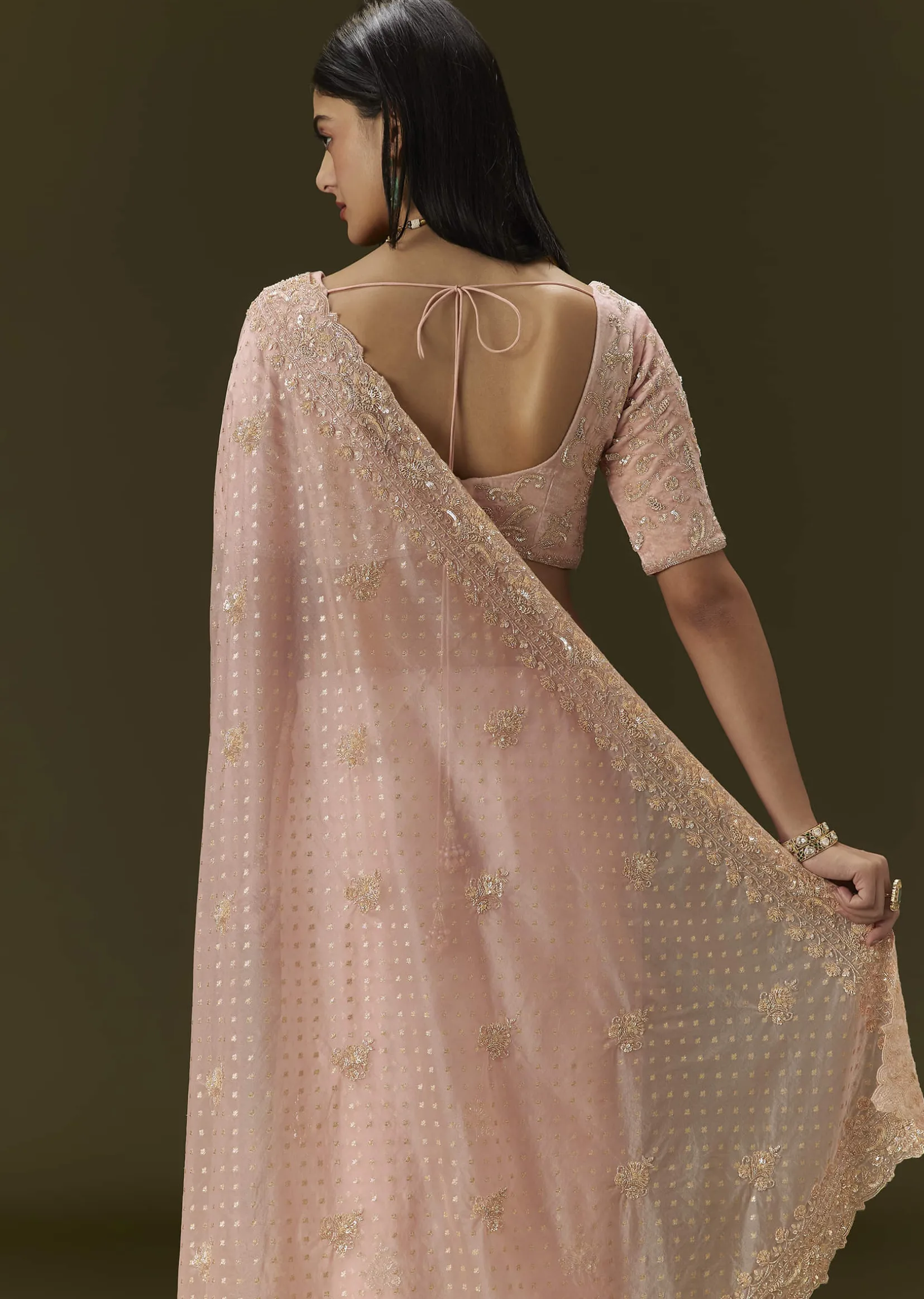 Pink Banarasi Tissue Saree With Velvet Embroidered Blouse
