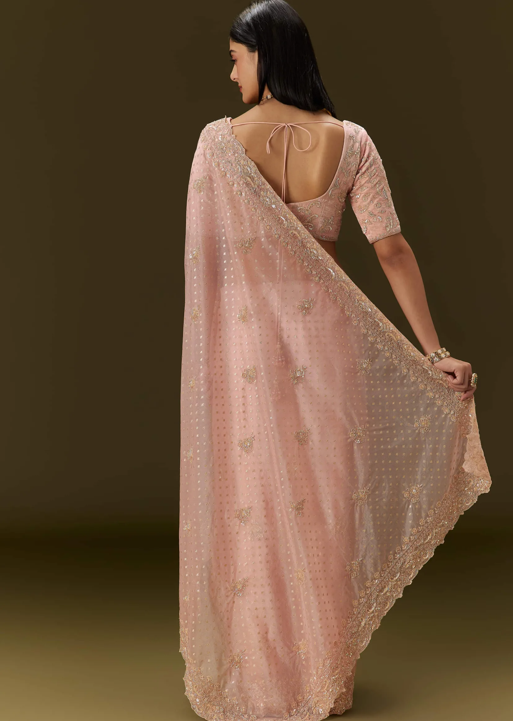 Pink Banarasi Tissue Saree With Velvet Embroidered Blouse