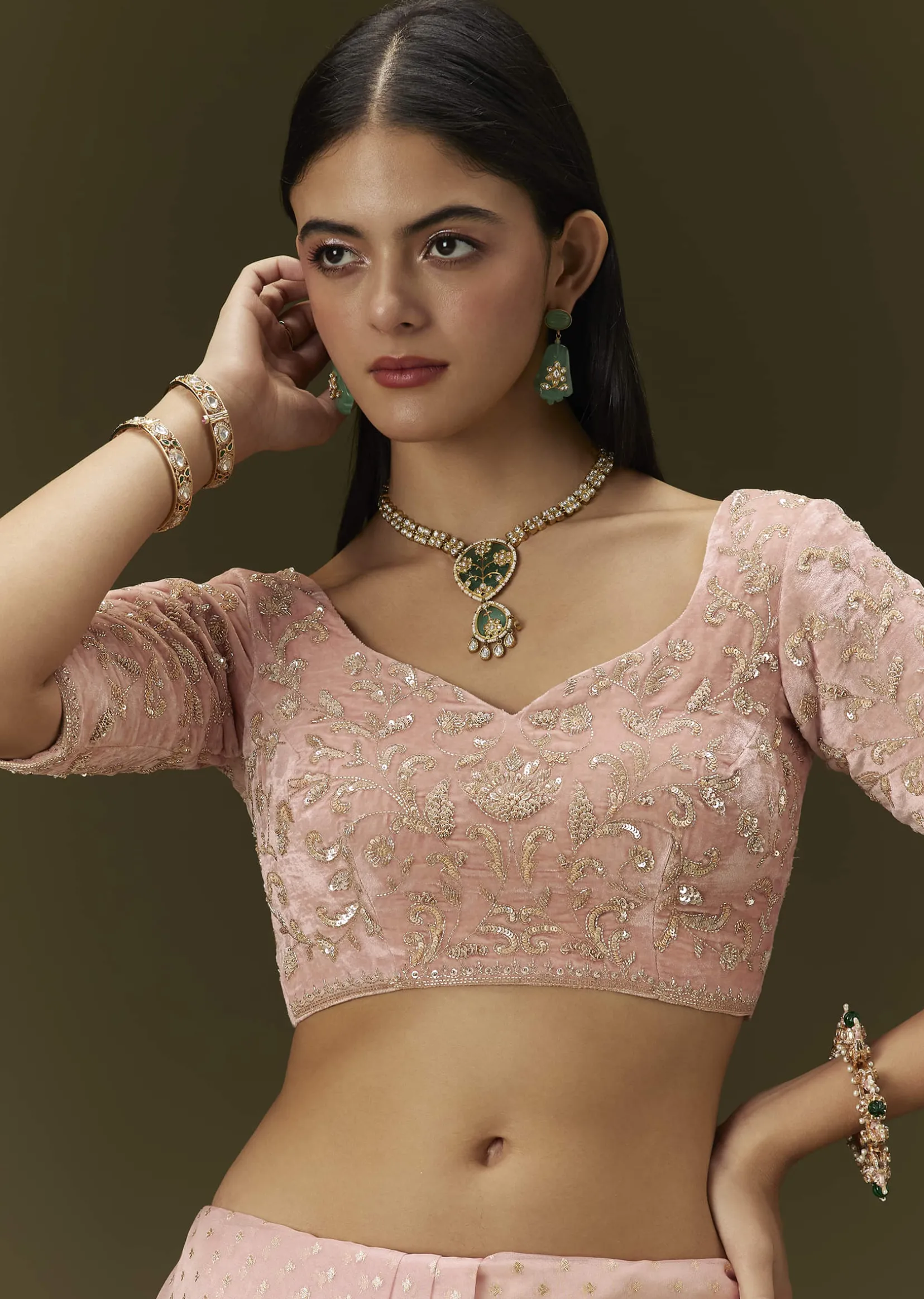 Pink Banarasi Tissue Saree With Velvet Embroidered Blouse