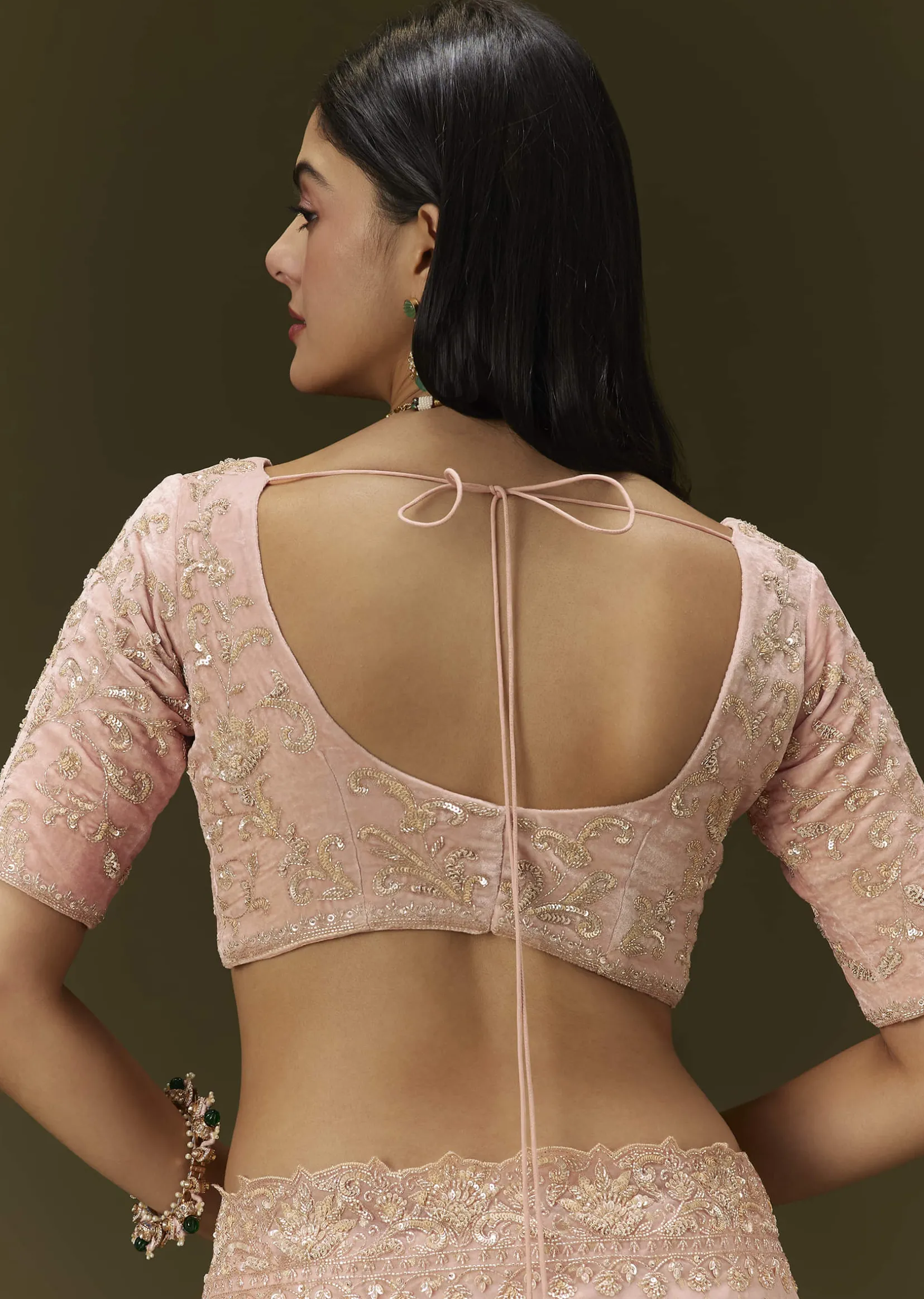 Pink Banarasi Tissue Saree With Velvet Embroidered Blouse