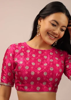 Pink Blouse In Brocade Silk With Bandhani Print And Half Sleeves