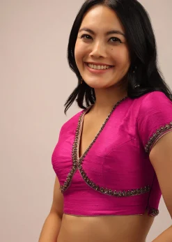 Pink Blouse In Raw Silk With Cut Dana Work And V Neckline
