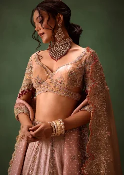 Pink Brocade Velvet Lehenga Choli With Two Scallop Dupattas