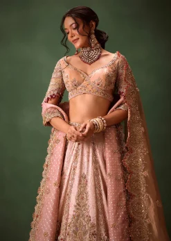Pink Brocade Velvet Lehenga Choli With Two Scallop Dupattas