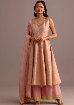 Pink Brocade Weave Kurti Palazzo Suit With Dupatta