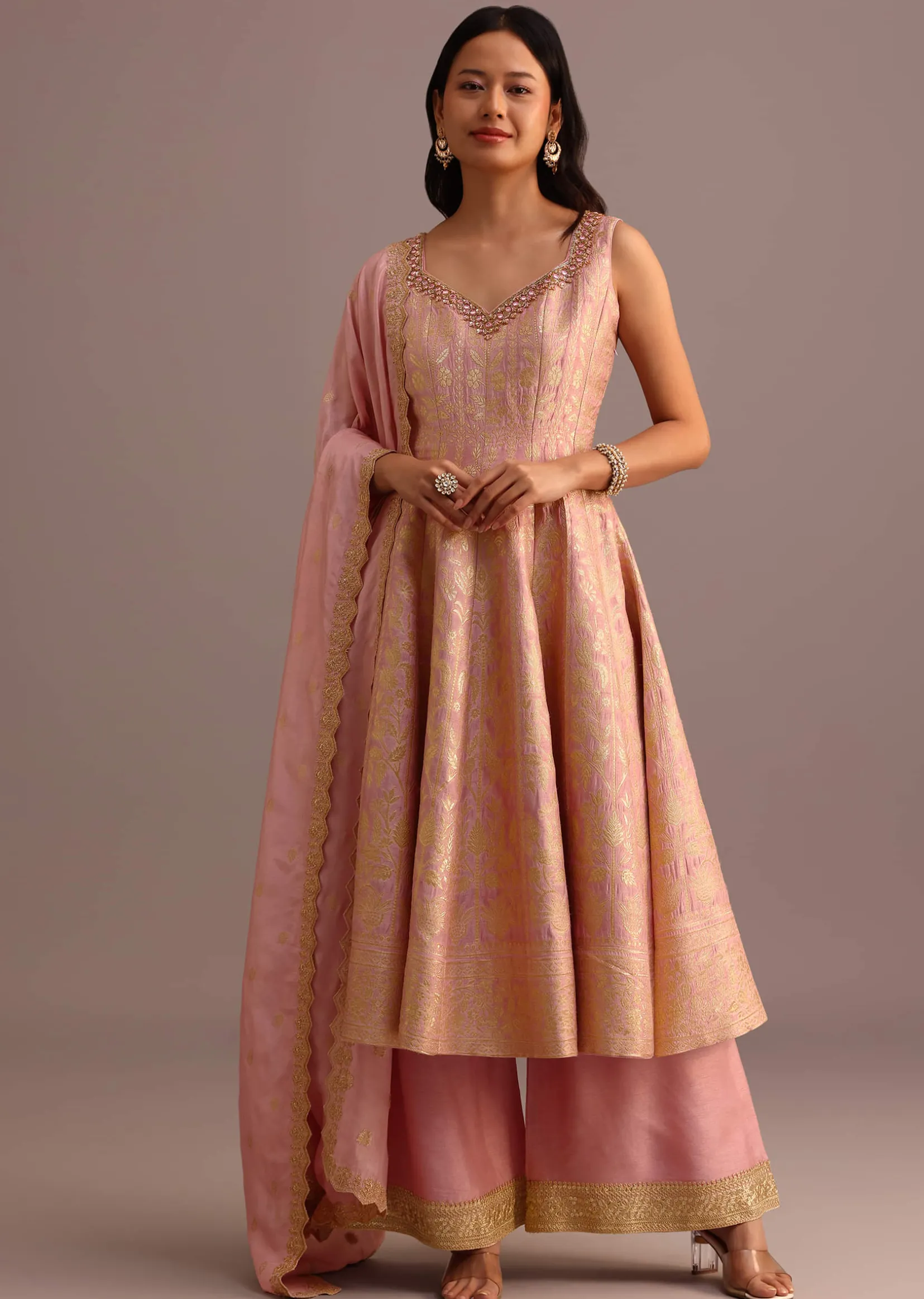 Pink Brocade Weave Kurti Palazzo Suit With Dupatta