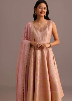 Pink Brocade Weave Kurti Palazzo Suit With Dupatta