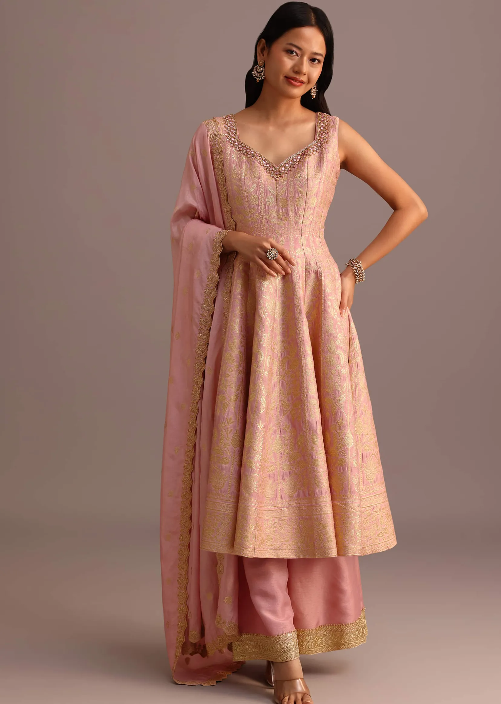 Pink Brocade Weave Kurti Palazzo Suit With Dupatta