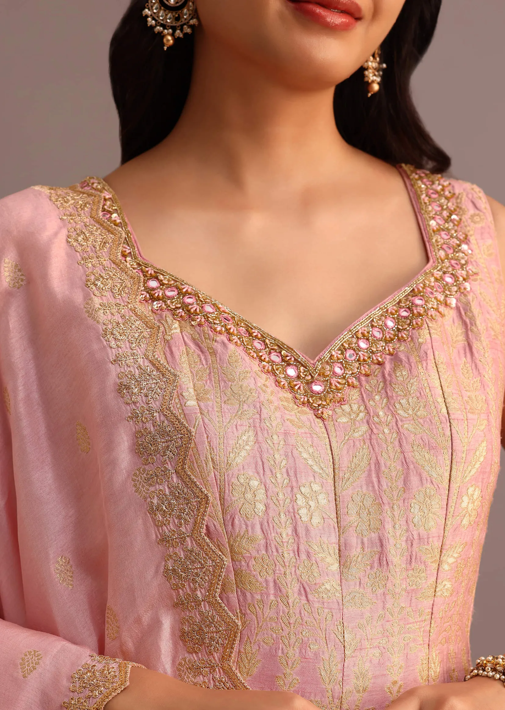 Pink Brocade Weave Kurti Palazzo Suit With Dupatta