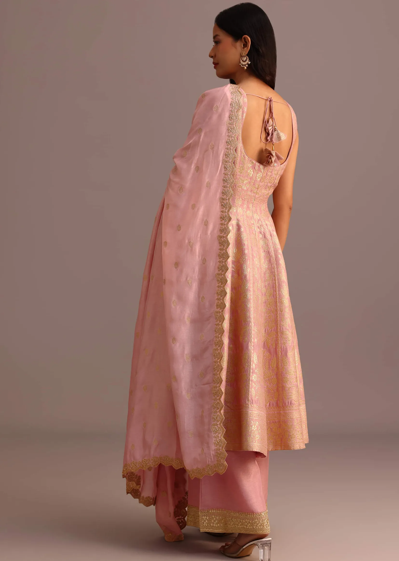 Pink Brocade Weave Kurti Palazzo Suit With Dupatta
