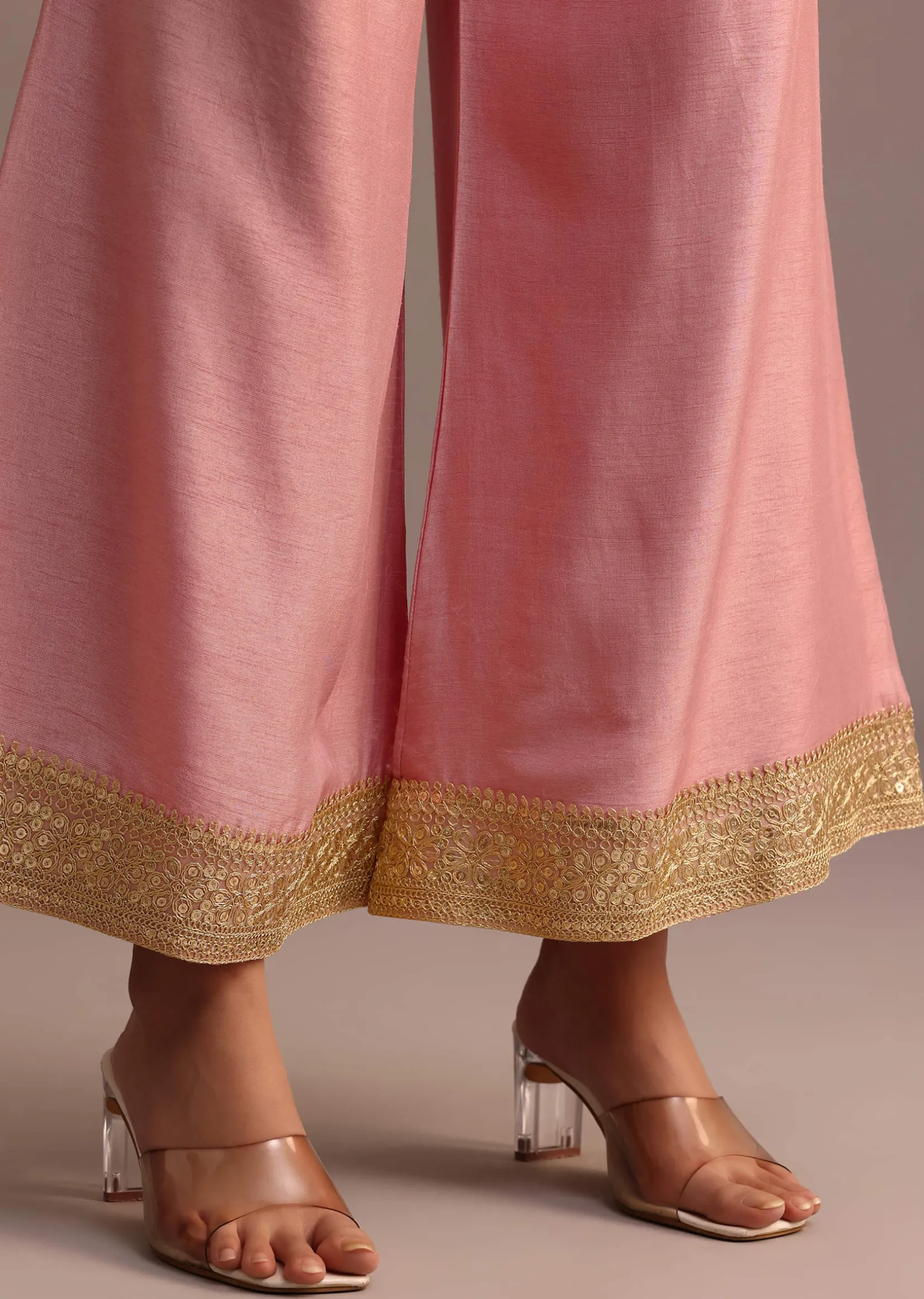 Pink Brocade Weave Kurti Palazzo Suit With Dupatta