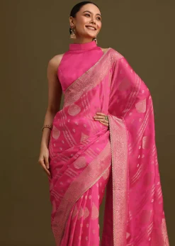 Pink Brocade Zari Weave Saree With Unstitched Blouse
