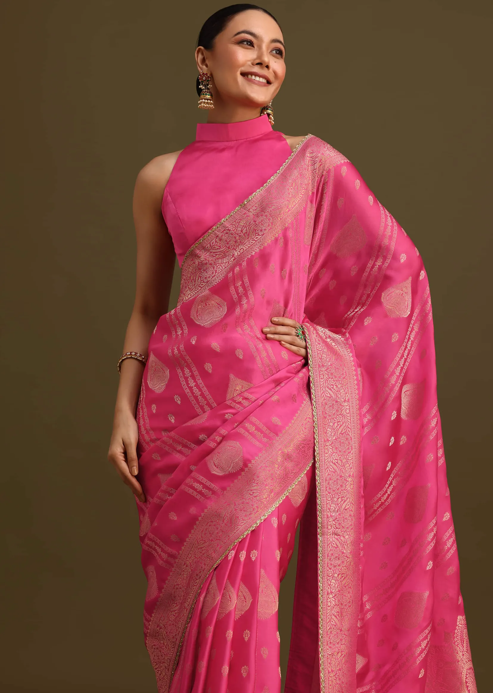 Pink Brocade Zari Weave Saree With Unstitched Blouse