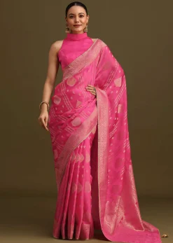 Pink Brocade Zari Weave Saree With Unstitched Blouse