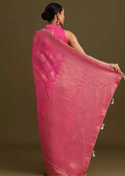 Pink Brocade Zari Weave Saree With Unstitched Blouse