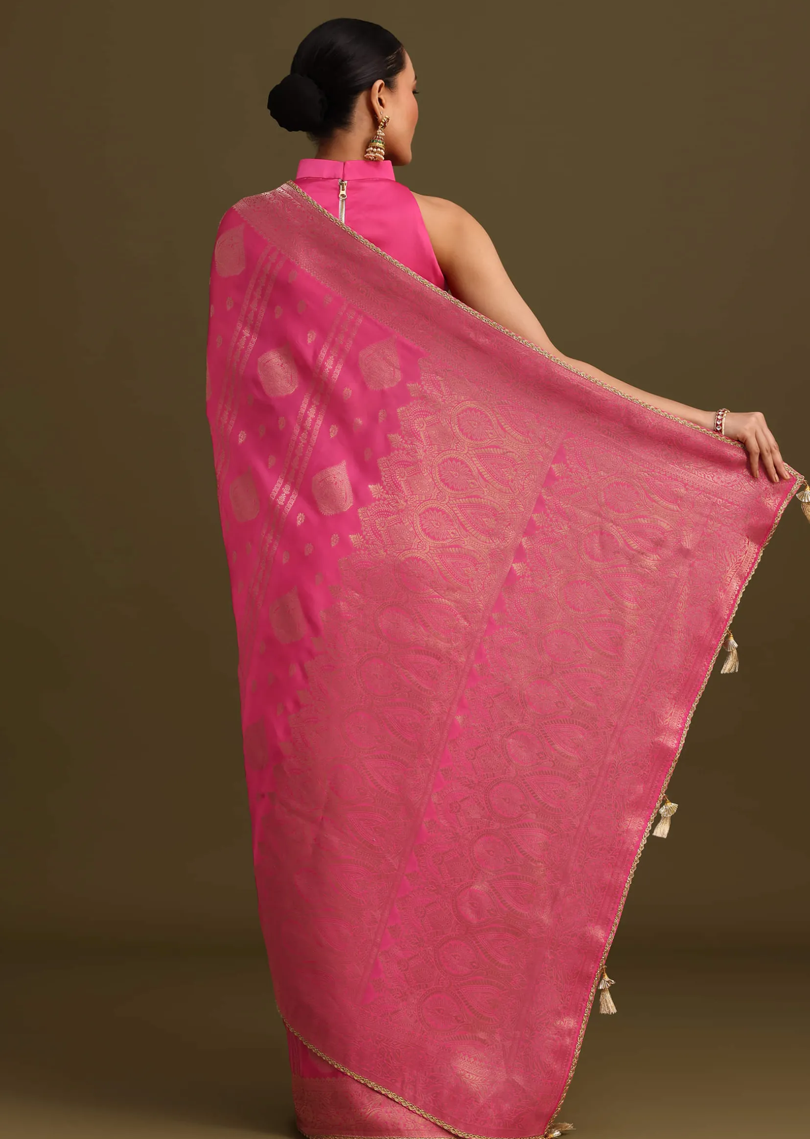Pink Brocade Zari Weave Saree With Unstitched Blouse