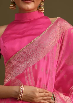 Pink Brocade Zari Weave Saree With Unstitched Blouse