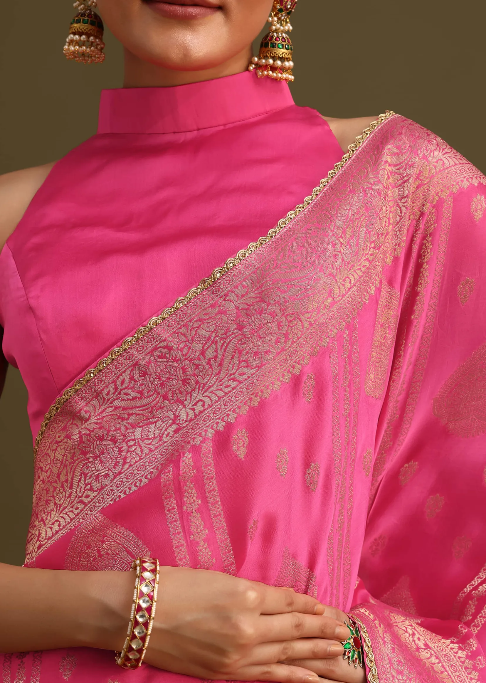 Pink Brocade Zari Weave Saree With Unstitched Blouse
