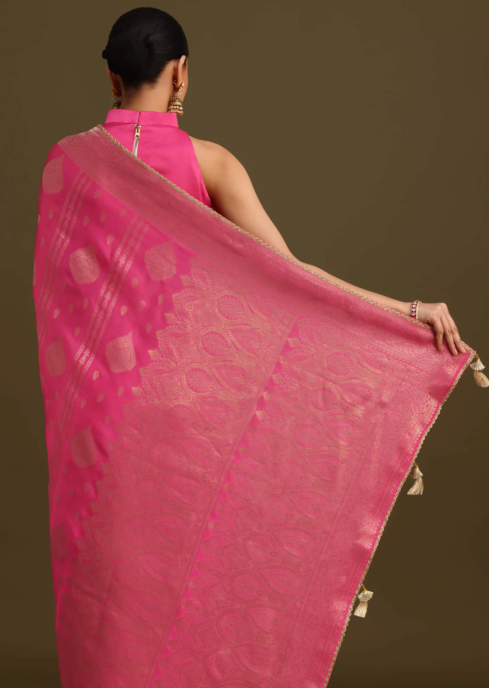 Pink Brocade Zari Weave Saree With Unstitched Blouse