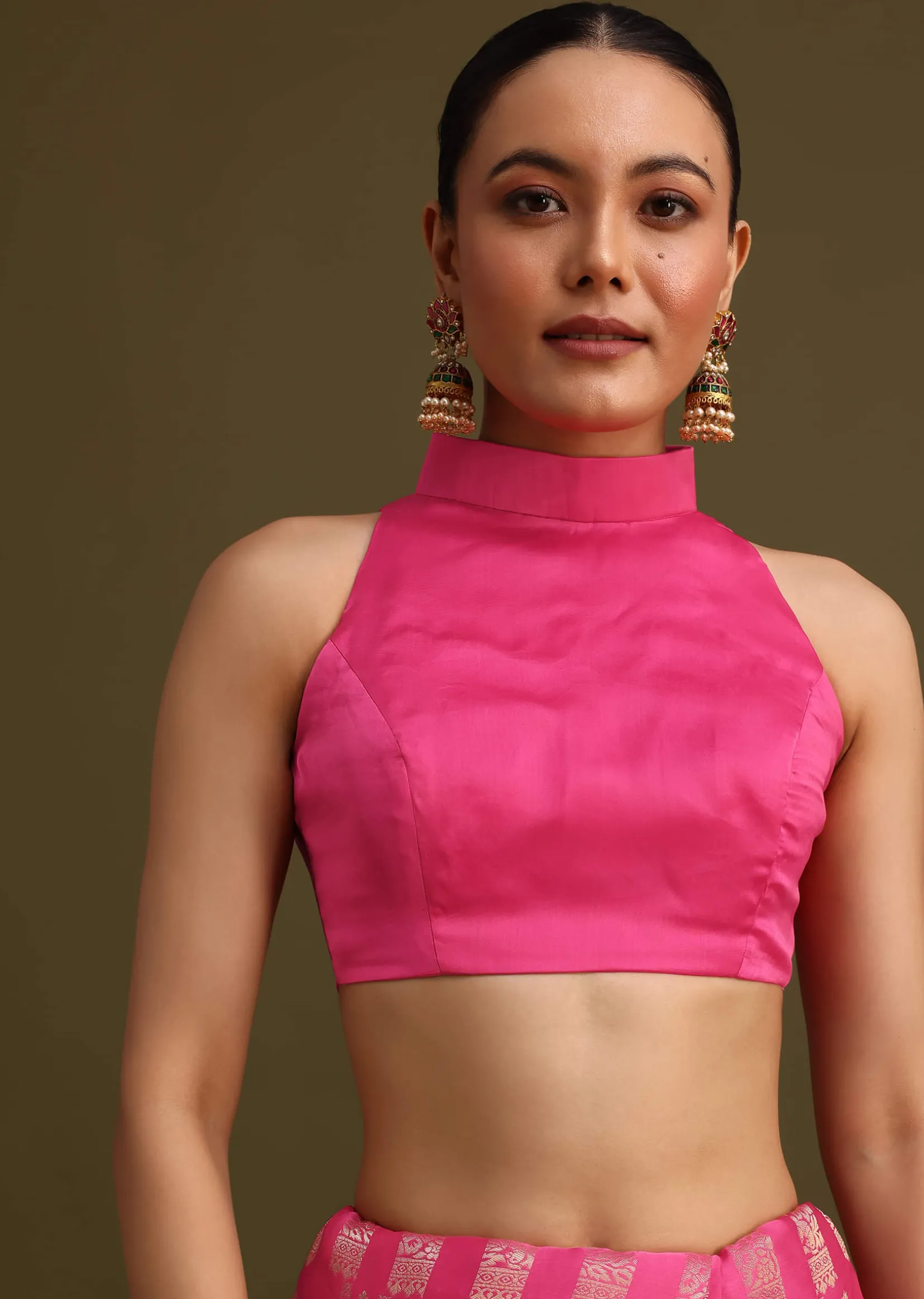 Pink Brocade Zari Weave Saree With Unstitched Blouse