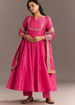 Pink Chanderi Anarkali With Gotta Moti Neckline And Lace Dupatta