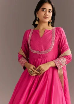 Pink Chanderi Anarkali With Gotta Moti Neckline And Lace Dupatta