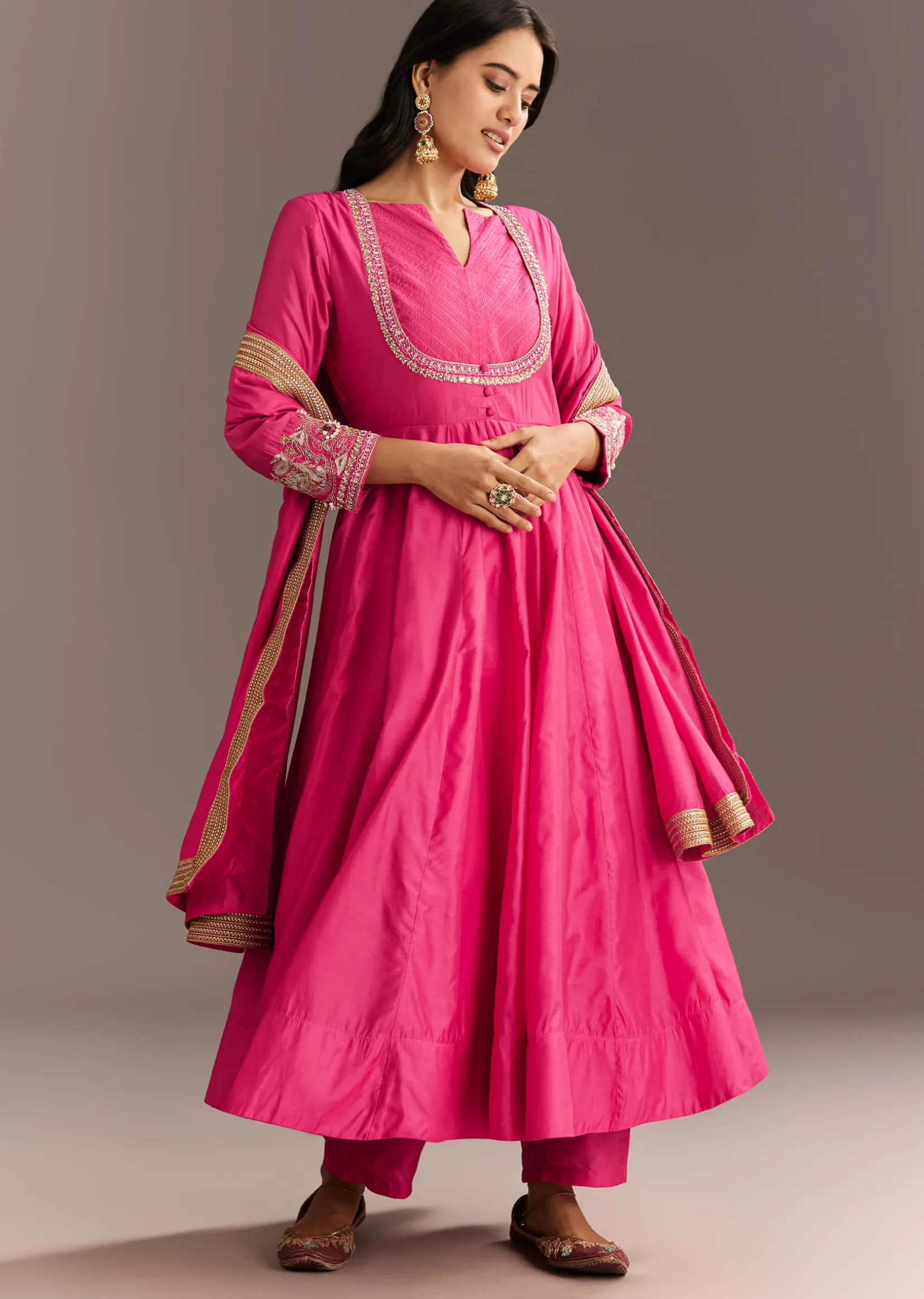 Pink Chanderi Anarkali With Gotta Moti Neckline And Lace Dupatta