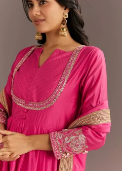 Pink Chanderi Anarkali With Gotta Moti Neckline And Lace Dupatta