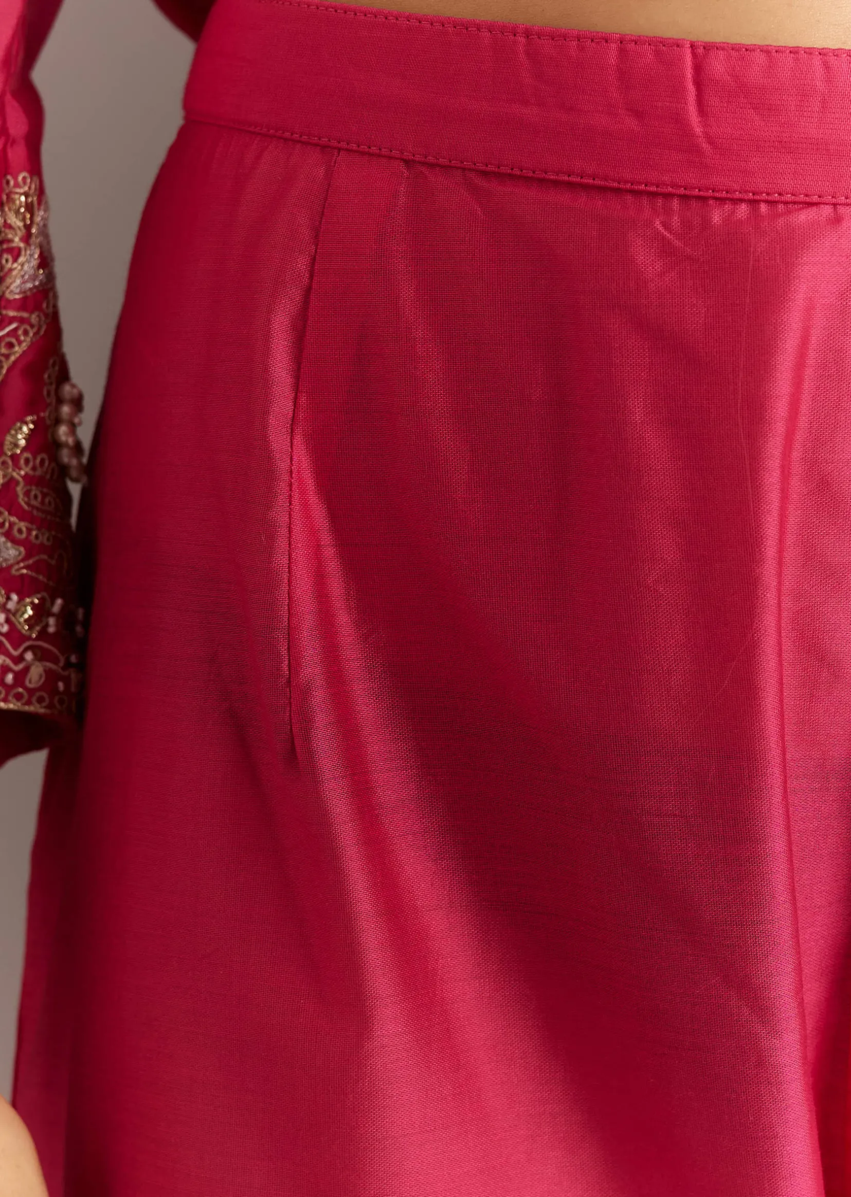 Pink Chanderi Anarkali With Gotta Moti Neckline And Lace Dupatta