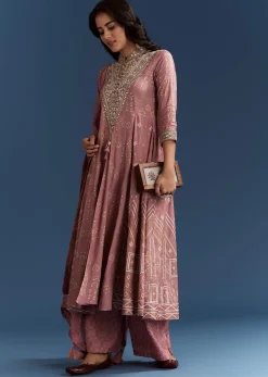 Pink Chanderi Printed Anarkali With Thread Work
