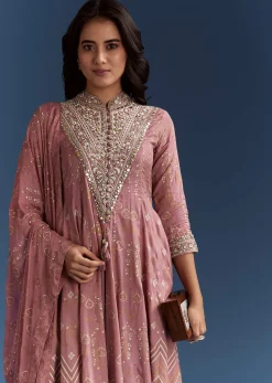 Pink Chanderi Printed Anarkali With Thread Work