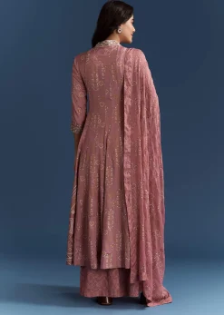 Pink Chanderi Printed Anarkali With Thread Work