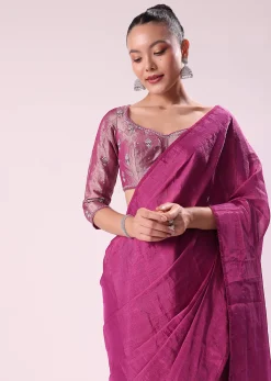Pink Chanderi Tissue Saree With Silver Rani Tissue Stitched Blouse