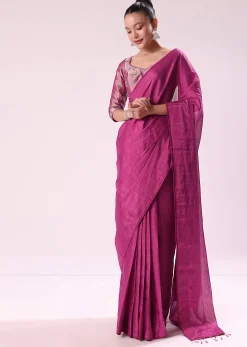 Pink Chanderi Tissue Saree With Silver Rani Tissue Stitched Blouse