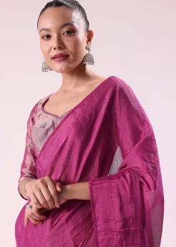 Pink Chanderi Tissue Saree With Silver Rani Tissue Stitched Blouse