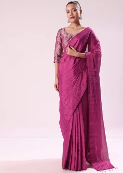 Pink Chanderi Tissue Saree With Silver Rani Tissue Stitched Blouse