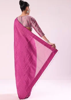 Pink Chanderi Tissue Saree With Silver Rani Tissue Stitched Blouse