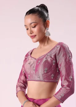 Pink Chanderi Tissue Saree With Silver Rani Tissue Stitched Blouse