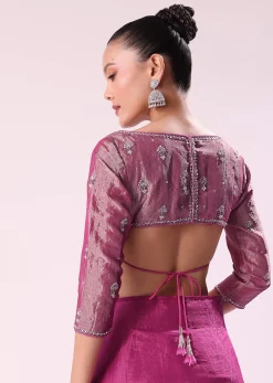 Pink Chanderi Tissue Saree With Silver Rani Tissue Stitched Blouse