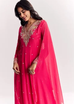 Pink Chinon Anarkali Dupatta Suit With Sequins Cutdana And Moti Work