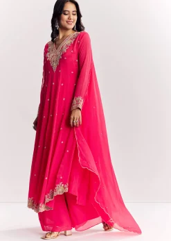 Pink Chinon Anarkali Dupatta Suit With Sequins Cutdana And Moti Work